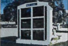 A painting of a phone booth in a park with trees in the background.