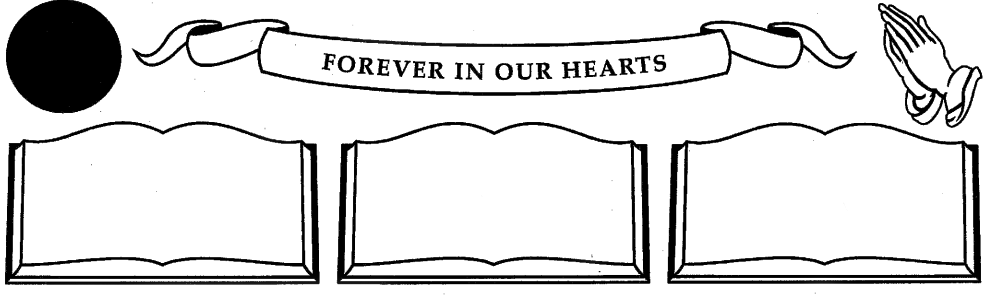 A black and white drawing of three books with a banner that says `` forever in our hearts ''.
