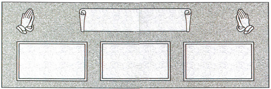 A black and white drawing of a plaque with praying hands and a banner.