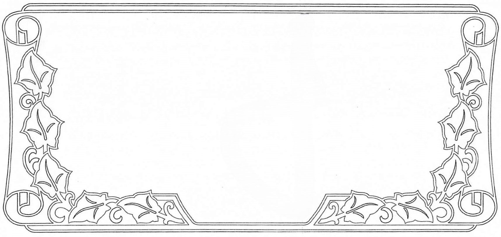 A black and white drawing of a fancy frame on a white background.