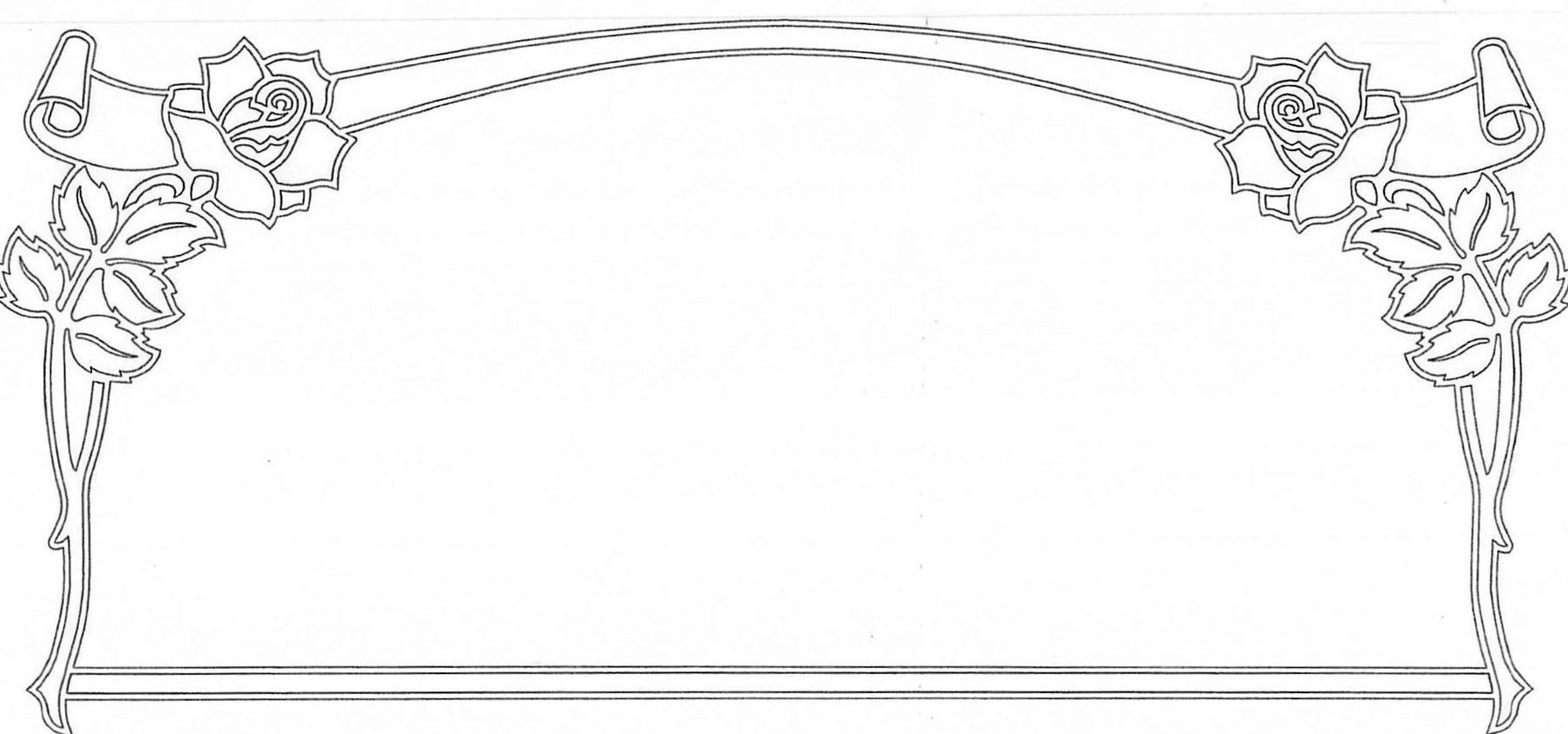 A black and white drawing of a frame with flowers and leaves.