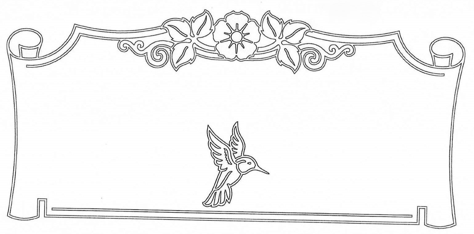 A black and white drawing of a hummingbird and flowers.