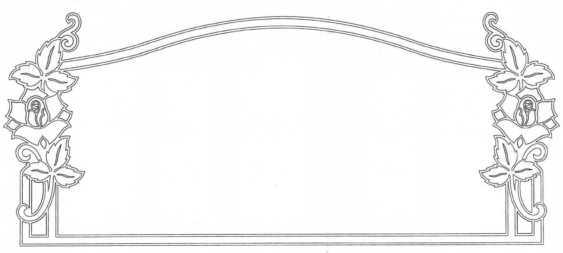 A black and white drawing of a frame with flowers and leaves on a white background.