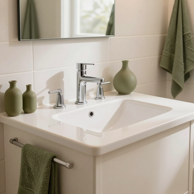 Modern bathroom sink with chrome faucet, green towels, and olive decor on a white vanity.