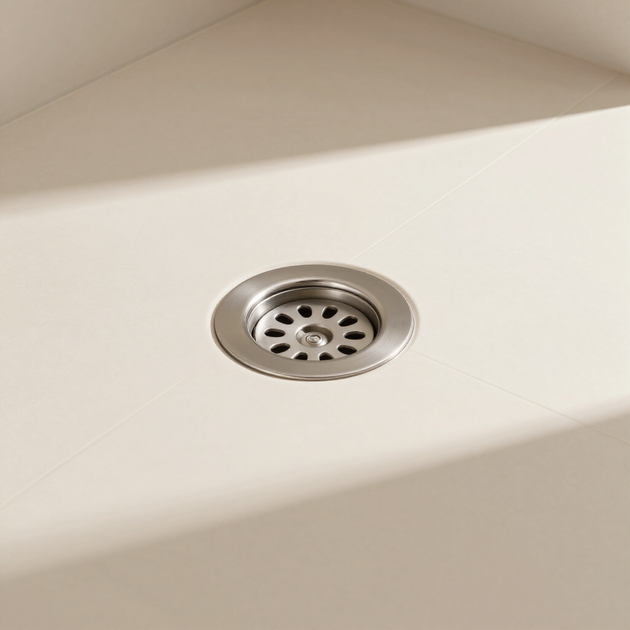 Chrome shower drain on a beige tiled floor