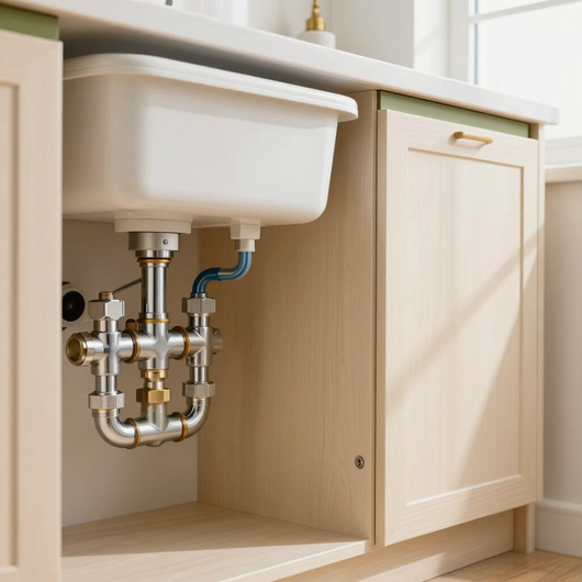 Kitchen sink cabinet with exposed plumbing and white basin under a countertop