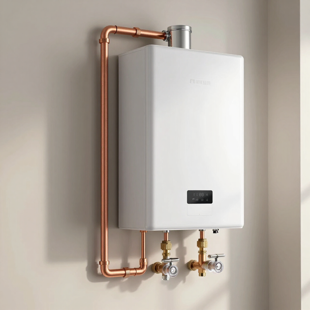 White wall-mounted boiler with copper pipes and valves in a utility room