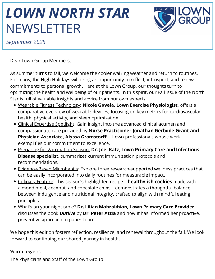 Lown North Star Newsletter, September 2025. Text-based with headings and bullet points discussing health and wellness.