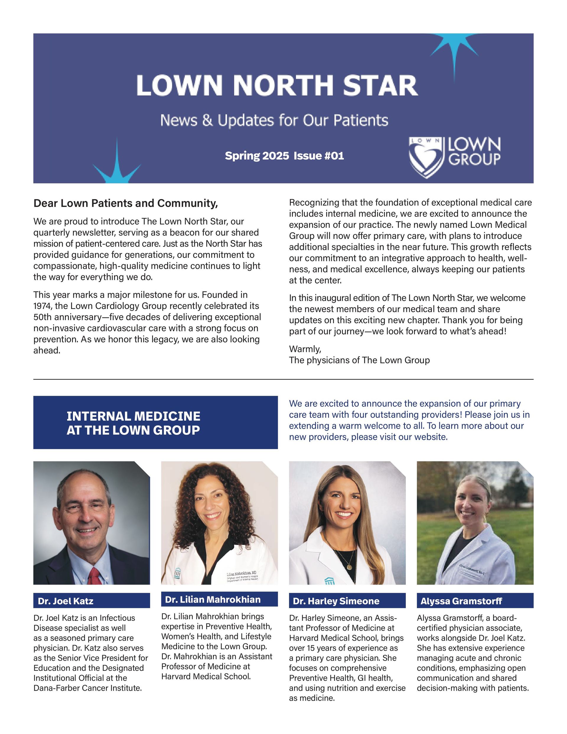 Lown North Star newsletter: Doctors' headshots from The Lown Group, and healthcare information.