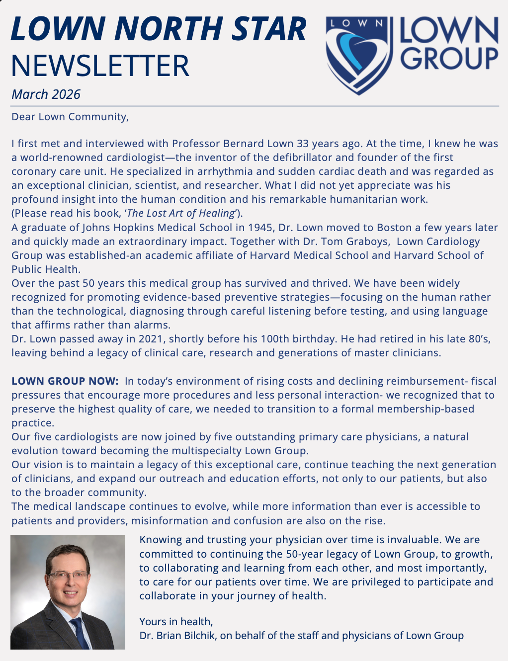 The Lown North Star Newsletter from May 2018, featuring the Lown Group logo and a portrait of a man in a suit.