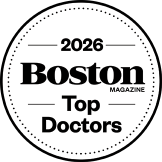 Boston Magazine Top Doctors 2026 seal with text inside a dotted circle.