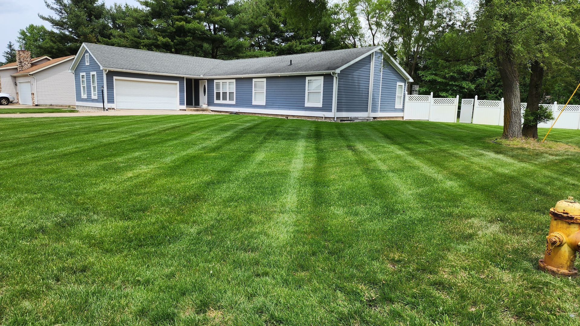 A house with a lush green lawn and a fire hydrant in front of it.