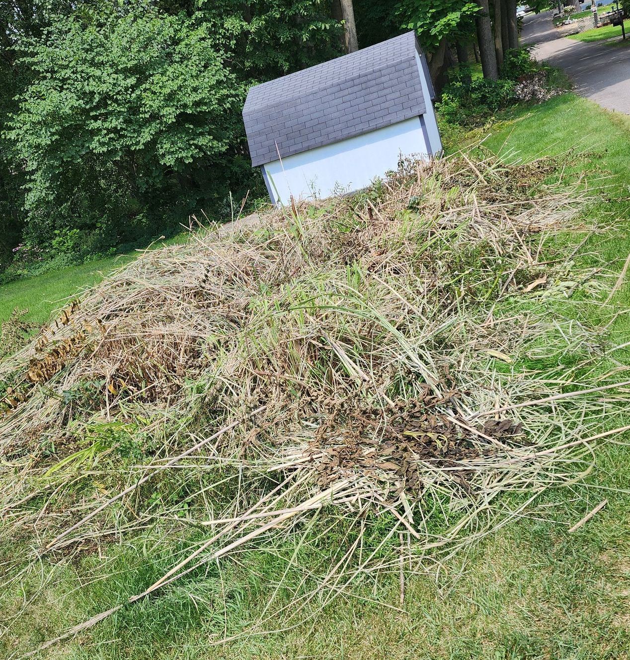 A large pile of grass is sitting on top of a lush green hillside.