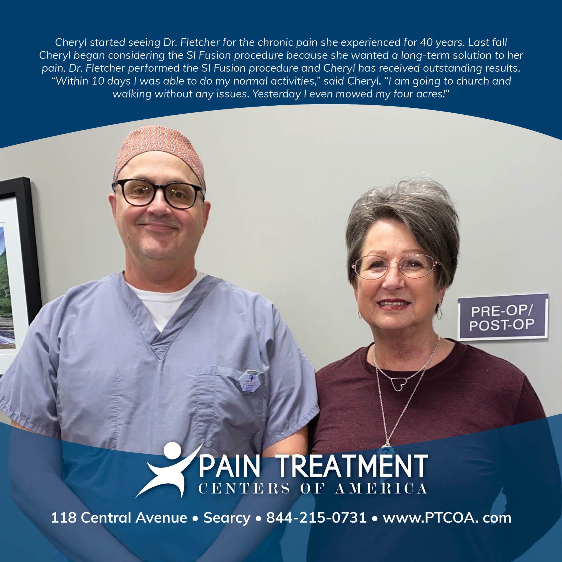 A man and a woman are posing for a picture for pain treatment centers of america