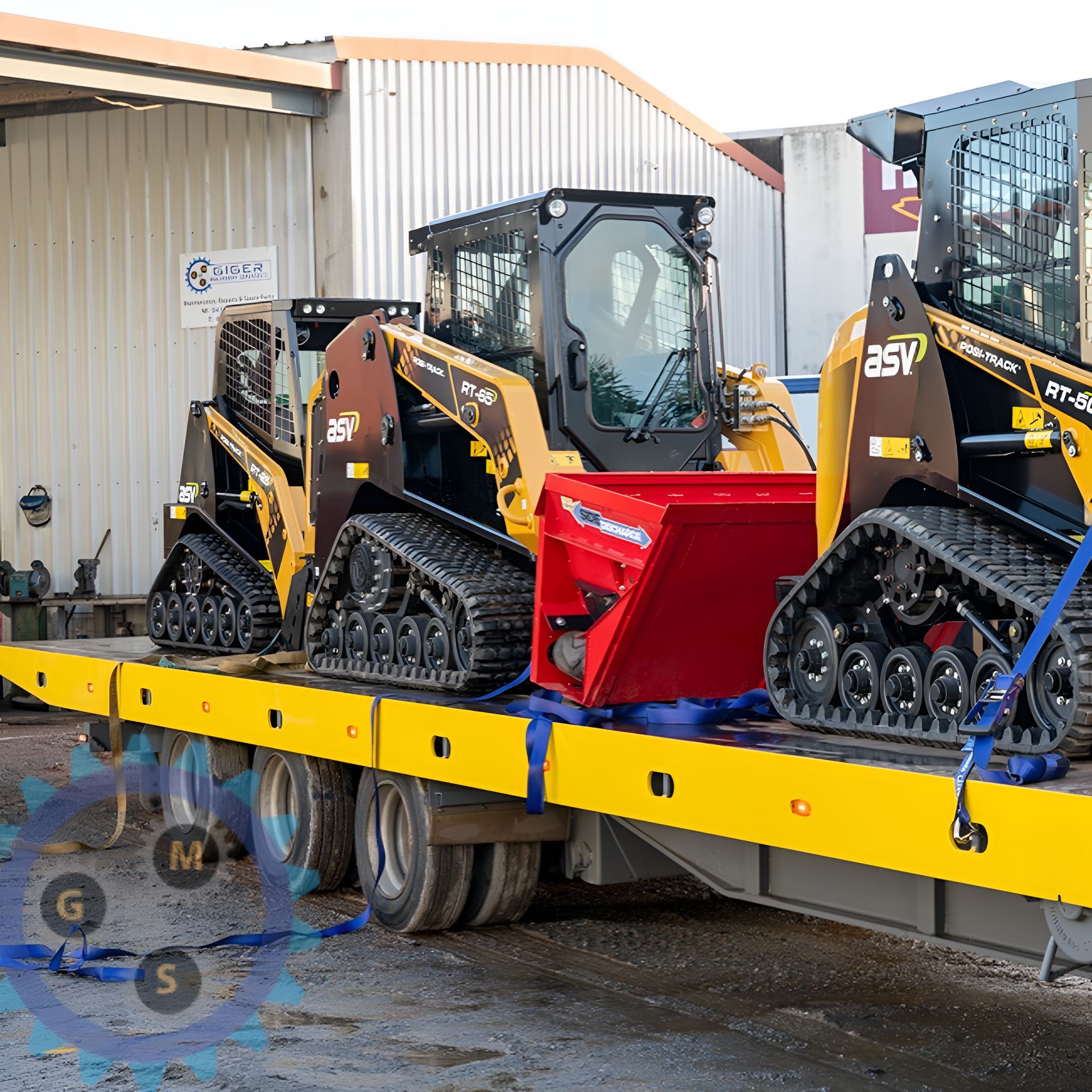 A Blue Kobelco Excavator is Parked Next to a White Truck — Giger Machinery Services in Bentley Park, QLD