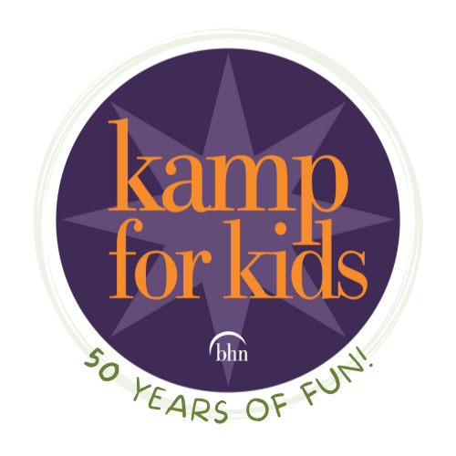 Kamp for Kids 50th anniversary logo in purple, orange, and green with “50 years of fun!”