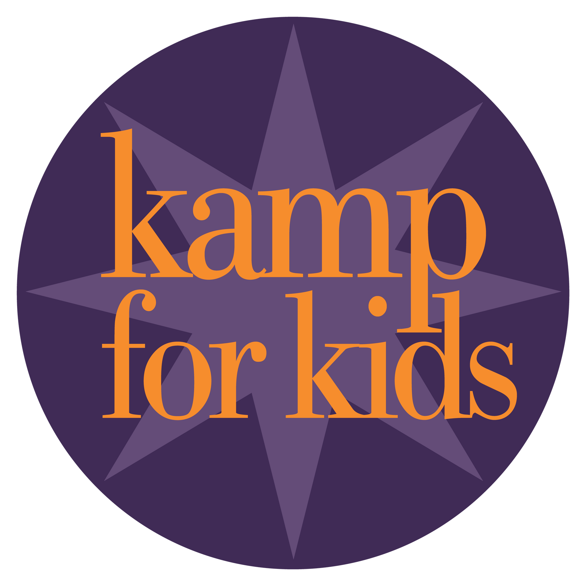 Purple circular logo with orange text reading “kamp for kids” and a starburst background