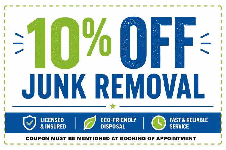 10% off junk removal coupon with blue and green text, eco-friendly, insured, and fast service icons