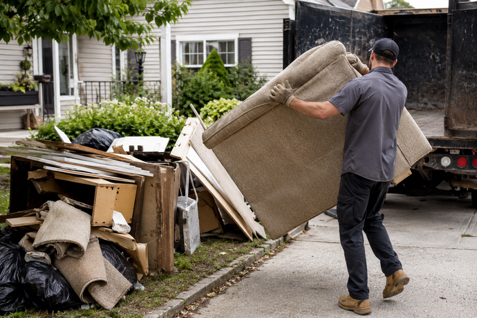 Person carrying a carpet beside a curbside pile of discarded furniture and debris