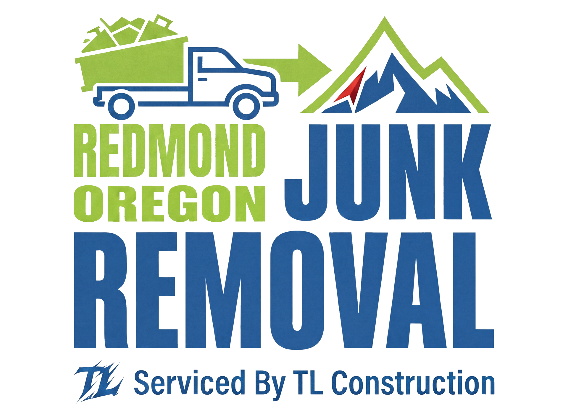 Redmond Oregon Junk Removal logo with blue truck and mountain graphic; serviced by TL Construction