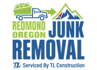 Redmond Oregon Junk Removal logo with blue truck and mountain graphic; serviced by TL Construction
