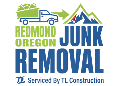 Redmond Oregon Junk Removal logo with blue truck and mountain graphic; serviced by TL Construction