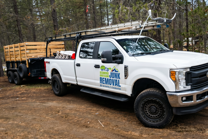 White utility truck with trailer parked on a wooded dirt road, carrying ladder racks and work gear