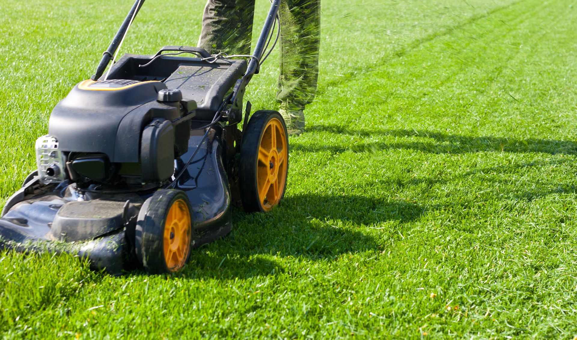 Lawnmower cutting a green lawn, visible shadow of person operating the machine.