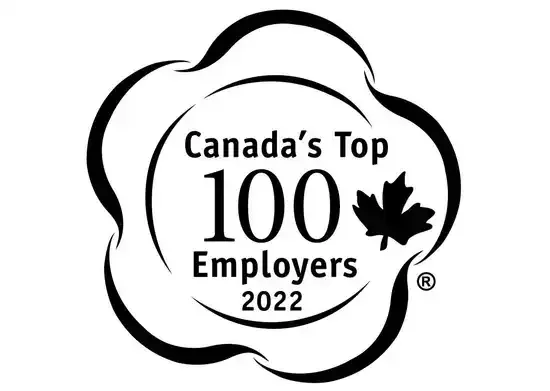 Logo des 100 meilleurs employeurs du Canada 2022 : noir et blanc, icône de feuille d’érable, insigne de récompense.