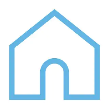A blue line drawing of a house with an arch in the middle.