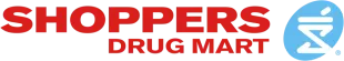 The logo for shoppers drug mart is red and blue