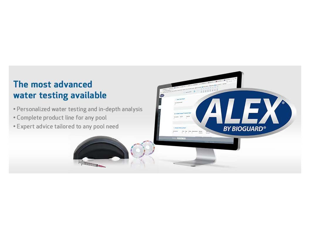 ALEX water testing ad with laptop screen, mouse, glasses, and a blue logo on a white background