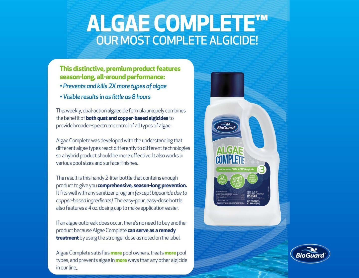 Algae Complete anti-algae pool treatment bottle on blue water-themed background with product label text