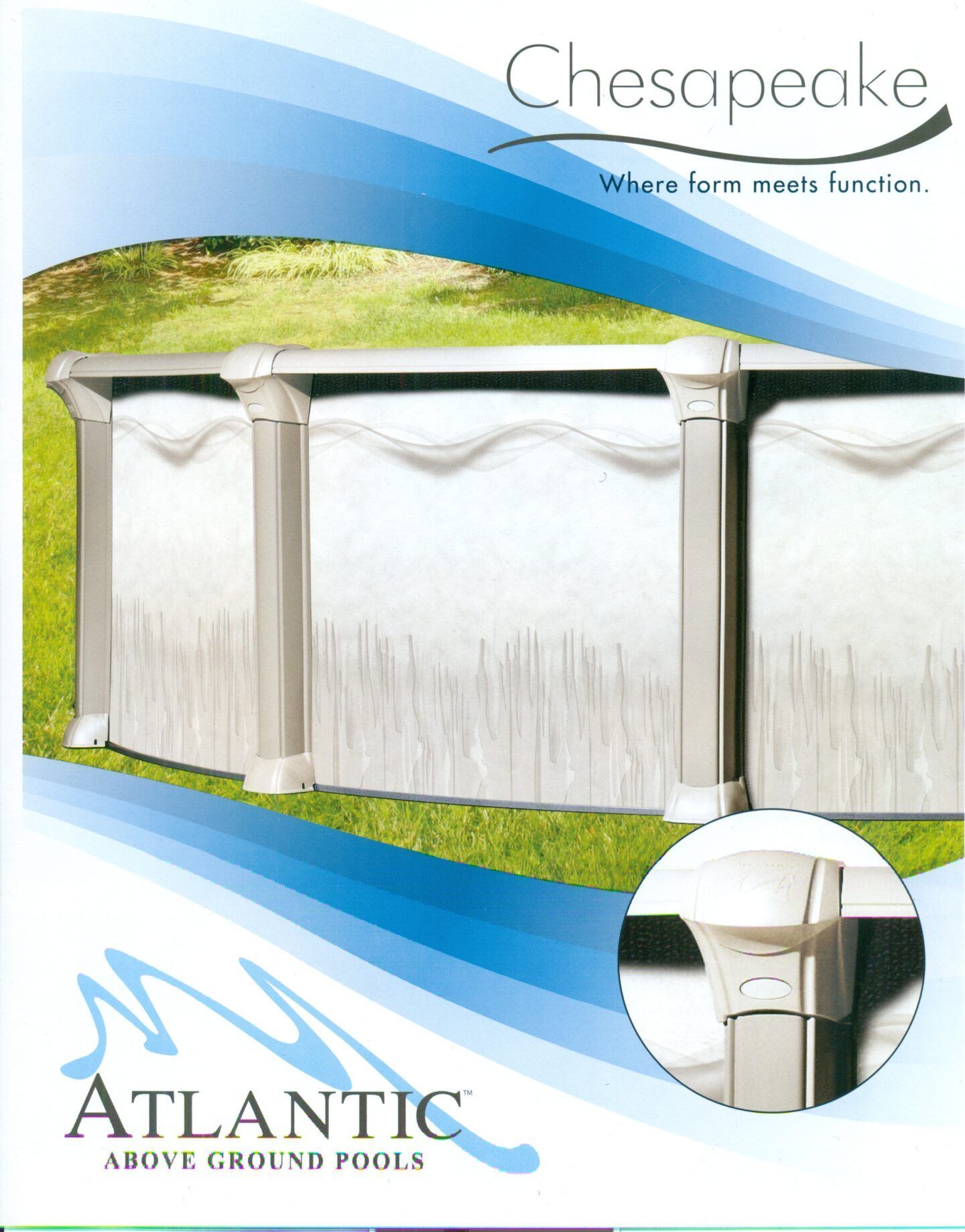 Chesapeake Atlantic Above Ground Pools ad showing white pool panels with blue wave graphics and logo