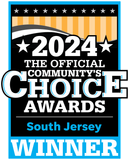 2024 Official Community's Choice Awards South Jersey Winner badge in black, white, orange, and blue