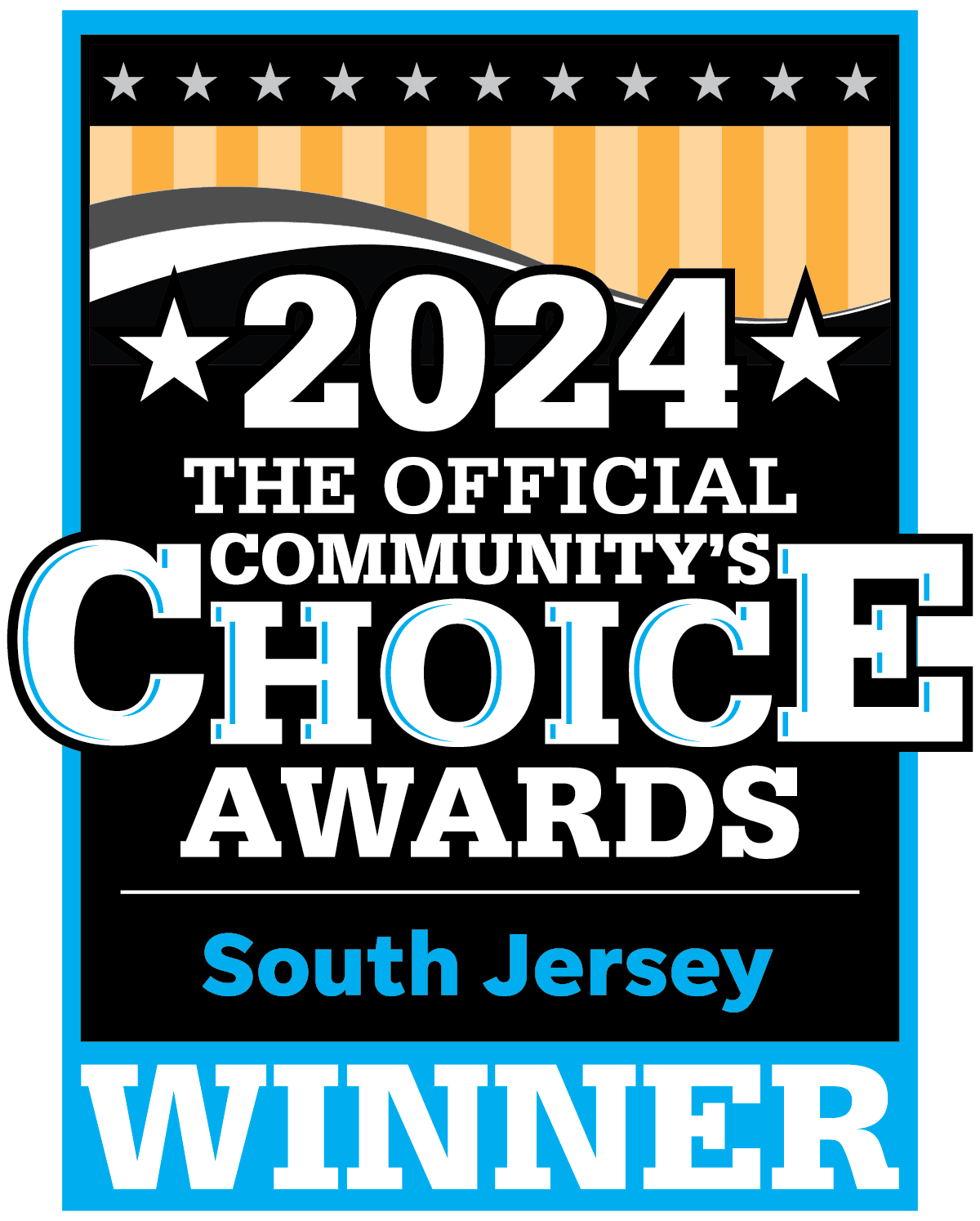 2024 Official Community's Choice Awards South Jersey Winner badge in black, white, orange, and blue