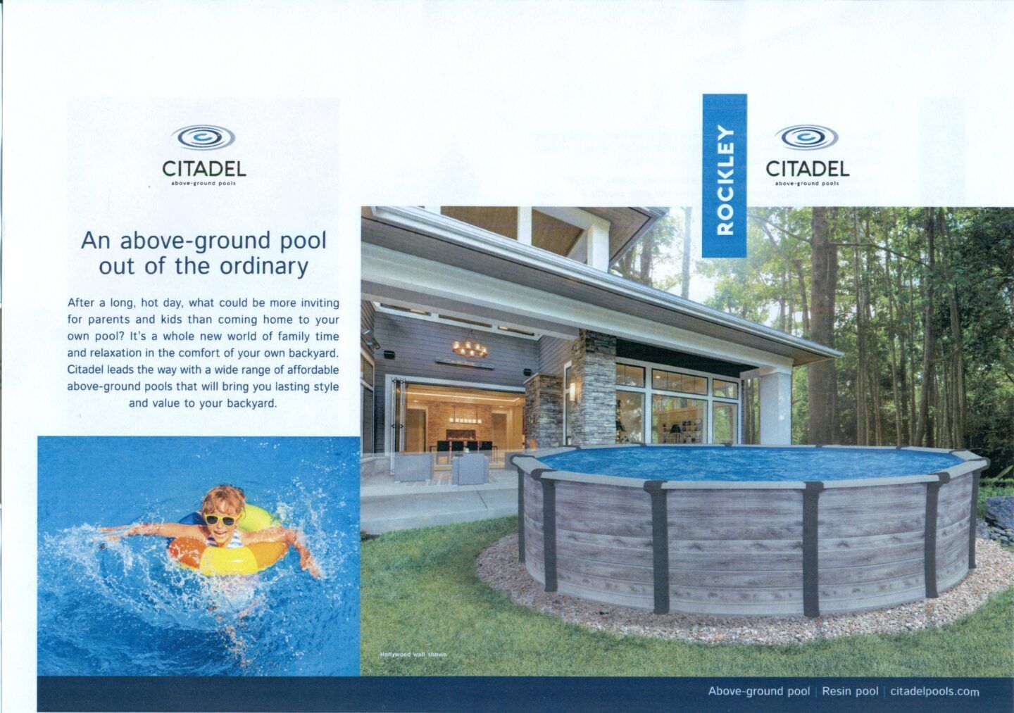 Round above-ground swimming pool in front of a modern house, with a person swimming in a small inset photo.