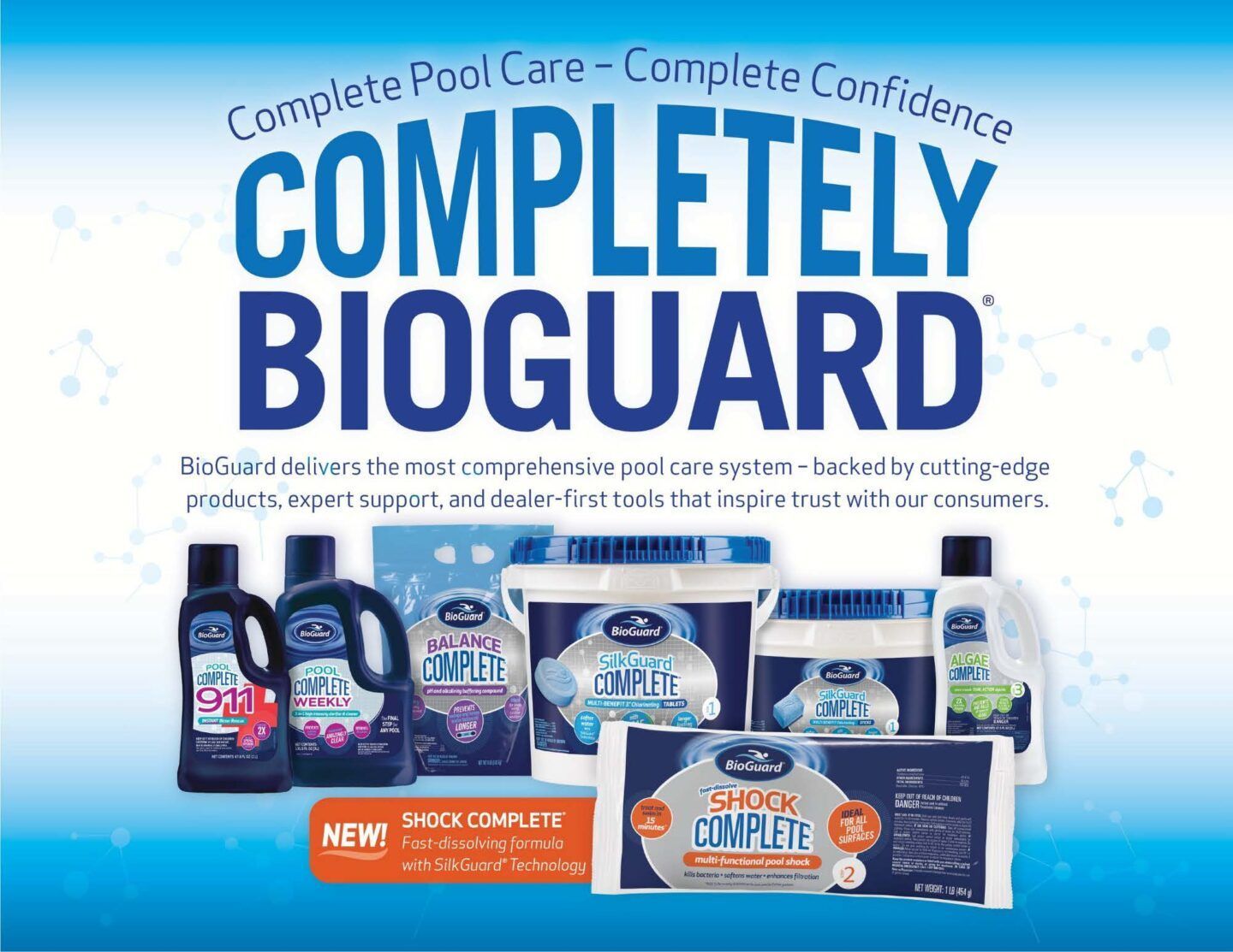 Promotional display of Bioguard pool care products on a blue background with large “COMPLETELY BIOGUARD” text