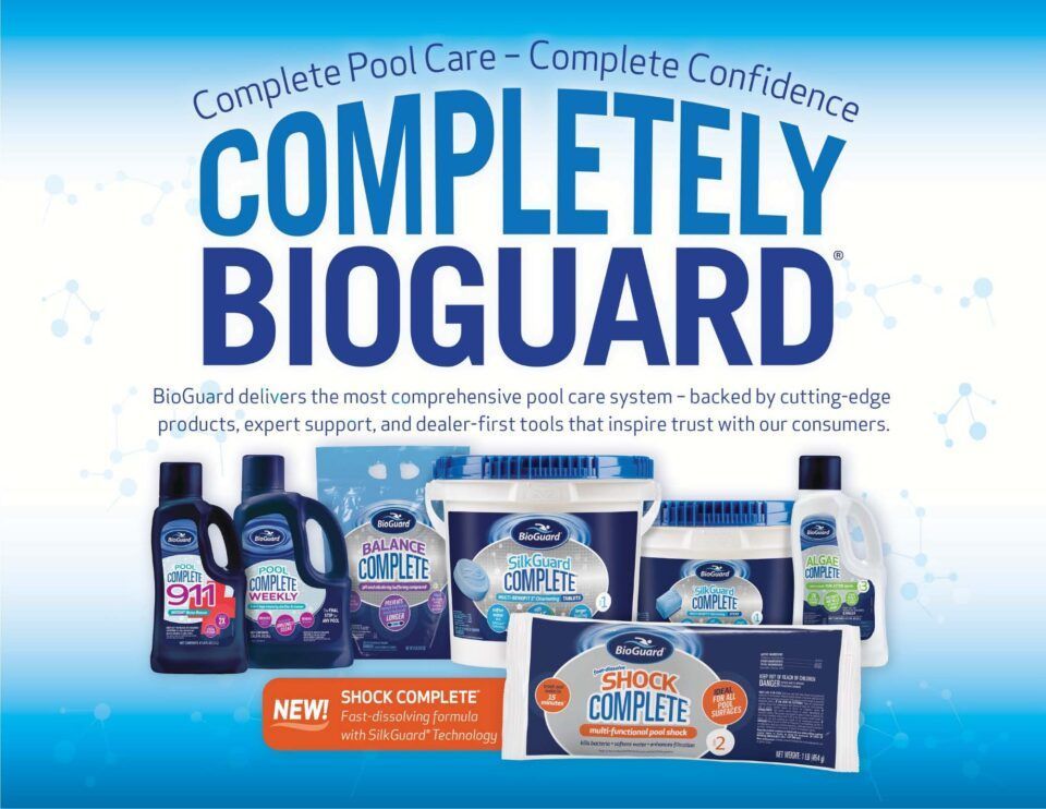 Completely Bioguard pool care products and bottles on a blue promotional background