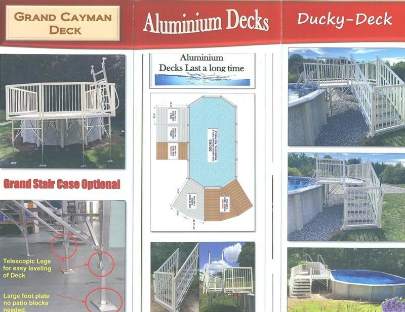 Brochure collage for aluminum decks and Ducky-Deck, with deck photos and layout diagrams.