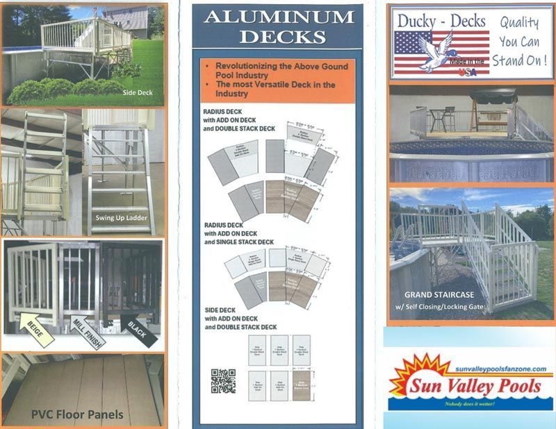Collage of aluminum pool deck brochures and photos, featuring deck designs and Sun Valley Pools branding