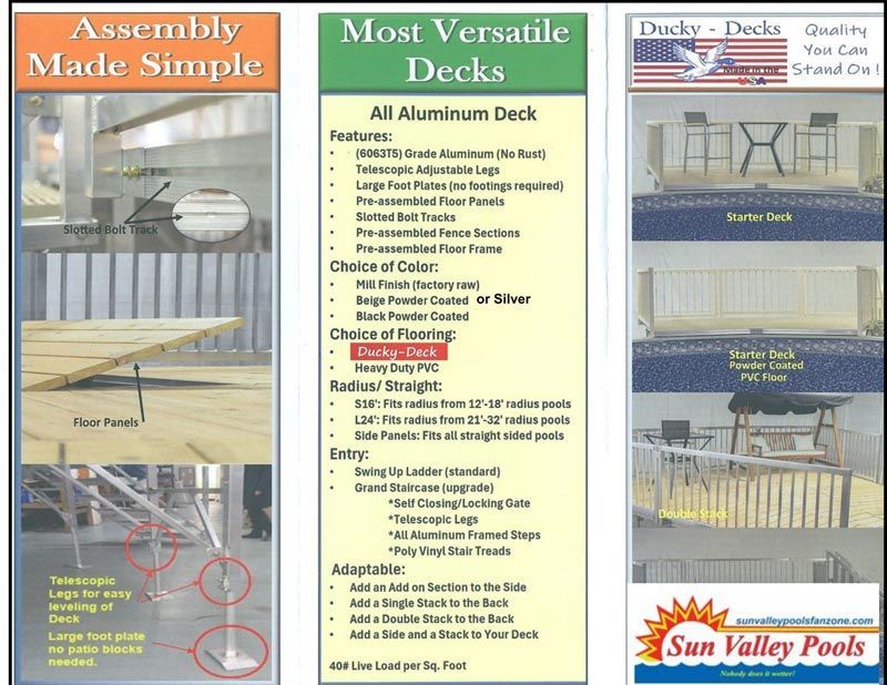 Pool deck brochure with “Assembly Made Simple,” “Most Versatile Decks,” and Sun Valley Pools branding