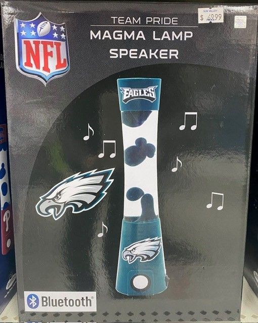 Philadelphia Eagles Team Pride magma lamp speaker in black box, teal lamp, with Bluetooth logo