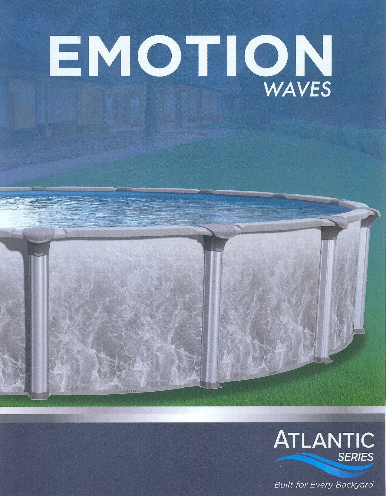Round above-ground pool with “Emotion Waves” and “Atlantic” branding on a blue background.
