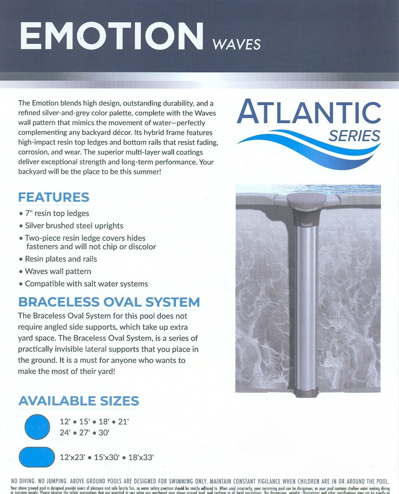 Flyer for Emotion Waves Atlantic Series brace, with features list and product photo in blue-gray