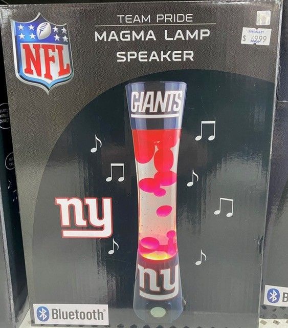 New York Giants team pride magma lamp speaker in red, blue, and white NFL packaging, with Bluetooth icon