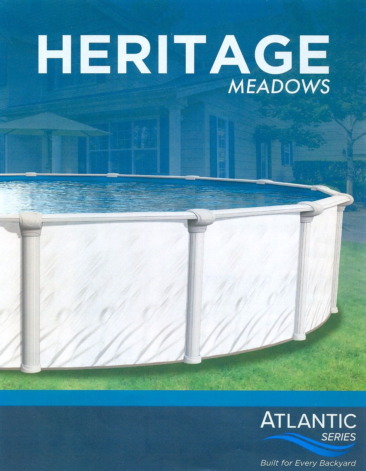 White above-ground pool on grass with blue water, labeled “Heritage Meadows” and “Atlantic”