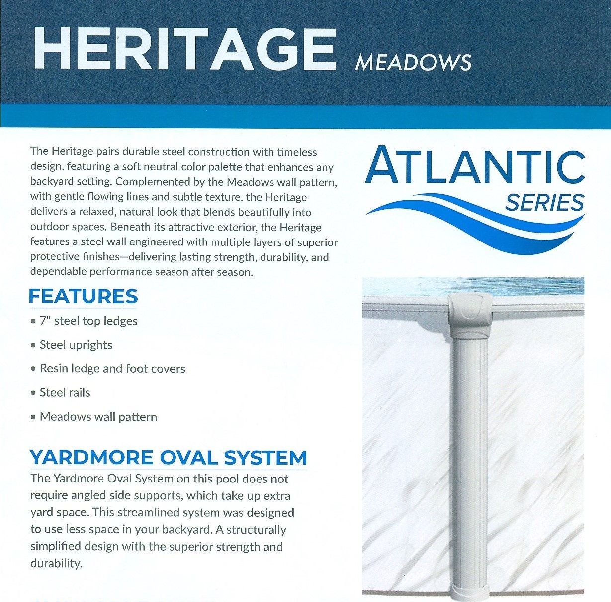 Heritage Meadows Atlantic Series yardmore oval system brochure with white-and-blue product photo