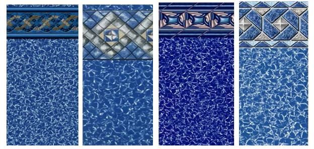 Blue patterned tile samples in four vertical panels with decorative border designs at the top
