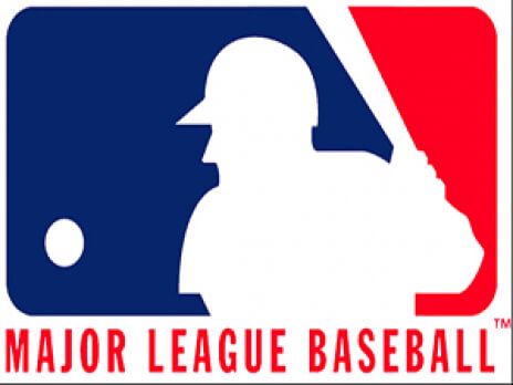 Major League Baseball logo with white batter silhouette on blue and red background